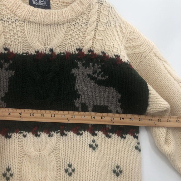 Woolrich Vintage Chunky Knit Deer Cabin Wool Fisherman Mens Sweater Sz Medium - Picture 7 of 8